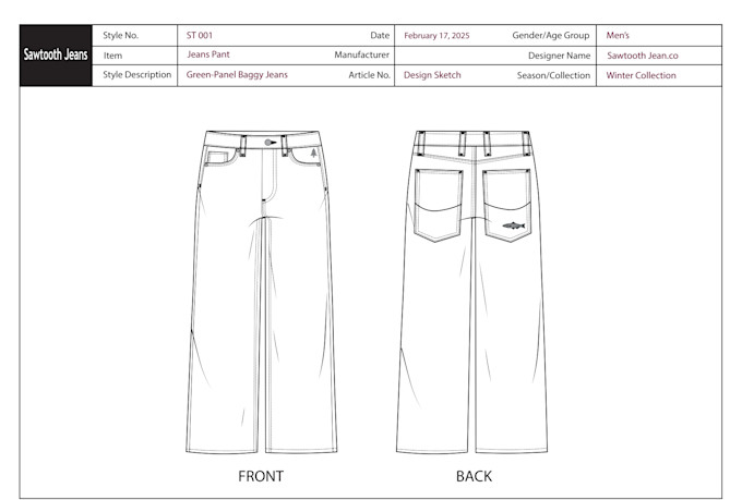 design denim baggy jeans pant, jogger, trouser and complete tech pack